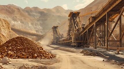 Fototapeta premium A line of equipment used in mining that carries crushed stones to a process facility