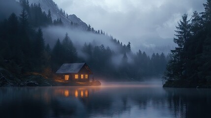 Fototapeta premium An illuminated wooden house by a tranquil lake at dusk, the foggy mountains creating a mysterious atmosphere.