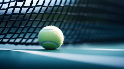 A photo of a detailed shot of a tennis net and boll