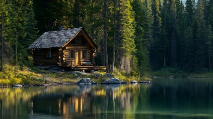 Fototapeta premium A rustic cabin nestled in the heart of an ancient forest, surrounded by towering pines and reflecting on crystal-clear waters. The focus is on the face of the cabin, which appears weathered and worn