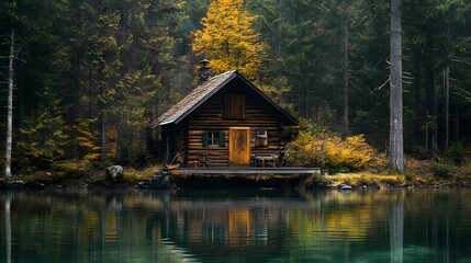Fototapeta premium A rustic cabin nestled in the heart of an ancient forest, surrounded by towering pines and reflecting on crystal-clear waters. The focus is on the face of the cabin, which appears weathered and worn