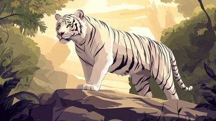 A majestic white tiger stands on a rock amidst a lush, vibrant jungle backdrop.