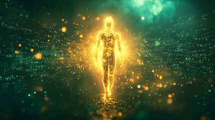 Abstract Glowing Humanoid Figure Surrounded by Binary Data Streams Symbolizing and Technology Convergence