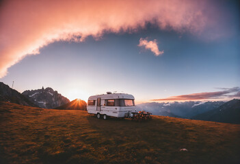 Obraz premium Caravan house trailer camping in mountain nature