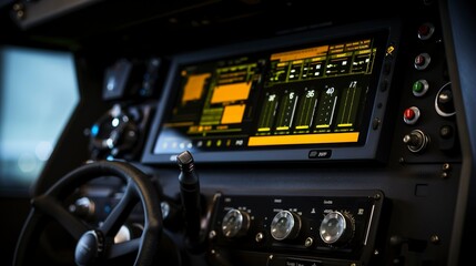 A photo of a detailed shot of a tractors dashboard