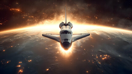 Space shuttle approaching Earth with a fiery glow.