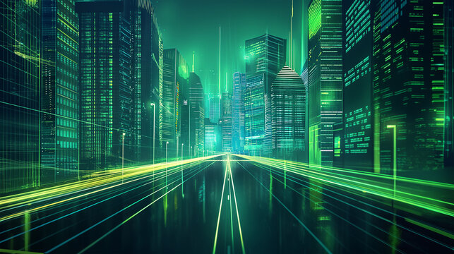 The Night city street with road and green neon, game background, Illustration