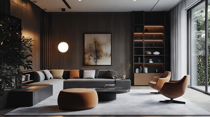Modern drawing room interior design featuring sleek furniture, contemporary decor, and a stylish aesthetic. --ar 16:9 --v 6.1 Job ID: 65af486e-0e03-483d-adb4-5dd20e021658