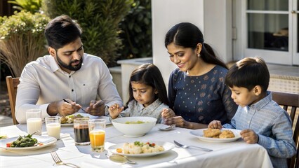 indian young family of four eating meal on dining
