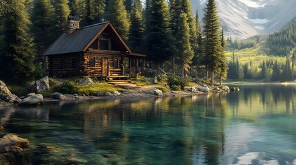 Fototapeta premium A rustic cabin nestled in the heart of an ancient forest, surrounded by towering pines and reflecting on crystal-clear waters. The focus is on the face of the cabin, which appears weathered and worn