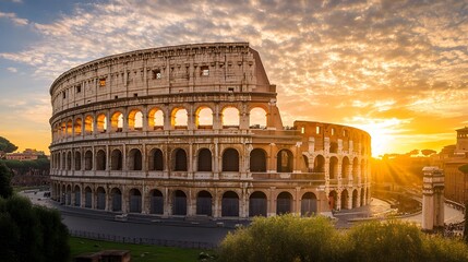 Colosseum at Sunset: Landscape view of the Colosseum bathed in the warm light of sunset, with the city of Rome stretching out beyond.

