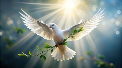 Obraz premium A delicate white dove in gentle flight, wings outstretched, surrounded by soft feathers, with a subtle olive branch and gentle light, symbolizing peace and harmony.