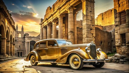 Golden Epoch in Ancient Ruins: Classic luxury car amidst ancient ruins, juxtaposing modern elegance with historical significance.
