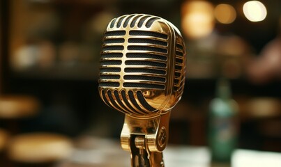 Vintage Microphone Silhouette: Retro Concert and Nightclub Icon on Abstract Gradient Background. Elegant Minimalist Design for Music Events, Public Speaking, and Entertainment Marketing. Versatile Gra