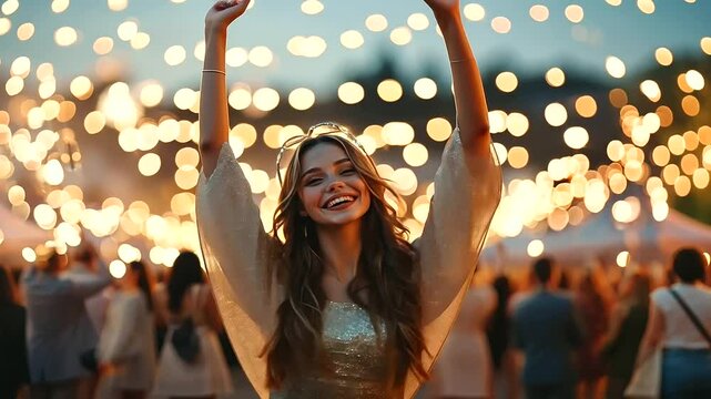 Surrounded by vibrant fireworks, a young woman in a sparkling dress gazes at the camera with spontaneous joy, the bokeh lights creating a festive and enchanting backdrop that amplifies the sense of ce