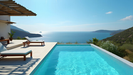 Fototapeta premium Terrace in villa with sunbeds and swimming pool with clear blue water with stunning sea view and sky. Summer resort hotel vacation concept