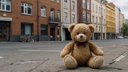 Teddy Bear Sitting on a Busy City Sidewalk, Reflecting Solitude Amidst the Hustle and Bustle