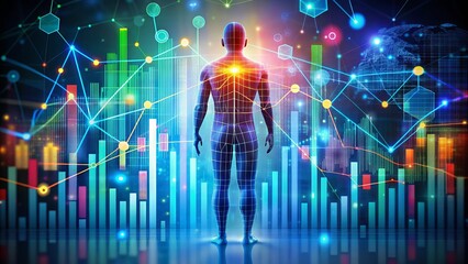 Healthcare Data Analytics: Colorful, abstract, concept of data points and charts forming a human silhouette.