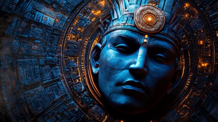 Ancient blue statue with intricate designs in a mystical setting