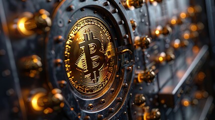 Fototapeta premium A close-up of a Bitcoin symbol on a metallic vault door, symbolizing cryptocurrency security.