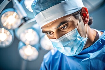 Hispanic Surgeon in Operating Room: A Hispanic surgeon performing a surgery, wearing a surgical gown and mask, with a focused and precise demeanor.