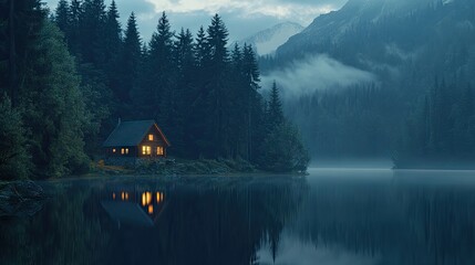 Fototapeta premium Dusk scene with a wooden house glowing in the forest, the calm lake mirroring the foggy mountain landscape.