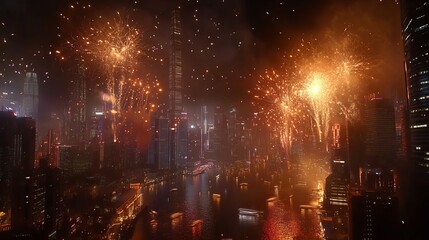 Fototapeta premium Fireworks light up the skyline over the river on New Year's Eve