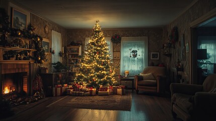 Fototapeta premium A cozy living room decorated for Christmas with a glowing tree and presents
