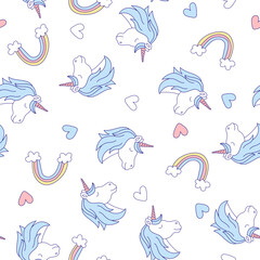 Cute children's background with a cute unicorn. Seamless pattern with rainbow and unicorn.