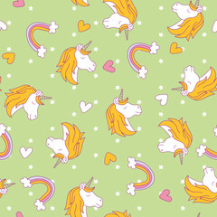 Cute kawaii little unicorn. Seamless pattern. Fairy tale cartoon happy pony characters. Hand drawn style. 