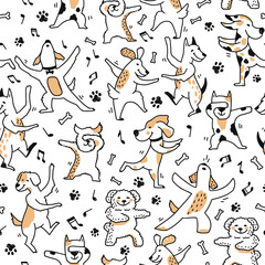 Cartoon dog dancing characters seamless pattern. Wallpaper or fabric seamless background, wrapping paper print or vector pattern with kawaii dogs dancing