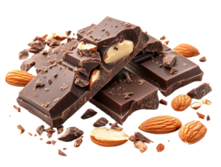 Delicious dark chocolate bar with almond pieces, surrounded by crushed nuts, perfect for desserts and sweet treats.