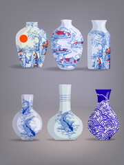 Chinese porcelain, ceramic vase vector illustration. Flower bowl, pottery antique with patttern ornamen on background.