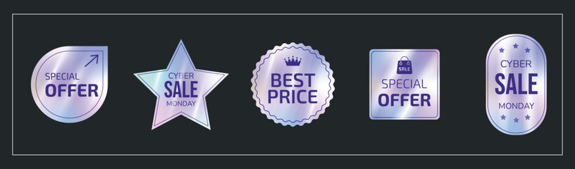 Set of holographic gradient vector stickers, label for cyber sale hologram emblem label for cyber monday sale. Web design, e-commercial, great for any products