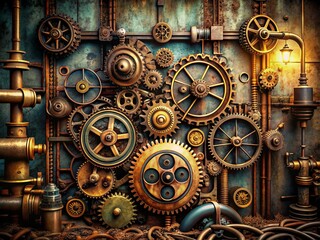Industrial Steampunk: Rough, metallic textures, intricate gears, and vintage machinery juxtaposed against vibrant steampunk aesthetics.