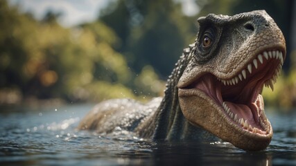 Naklejka premium A close-up of a dinosaur in water with its mouth agape.