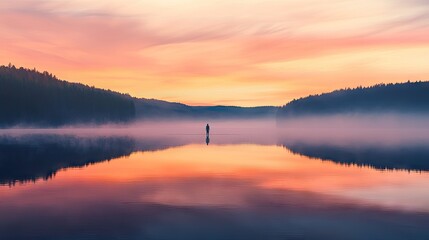 Fototapeta premium Lone traveler witnessing the first light of dawn over a serene lake, with soft colors in the sky.