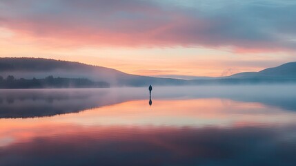Lone traveler witnessing the first light of dawn over a serene lake, with soft colors in the sky.