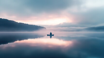 Fototapeta premium Lone traveler witnessing the first light of dawn over a serene lake, with soft colors in the sky.