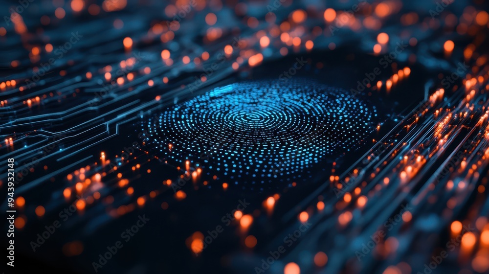 Poster close-up of a digital fingerprint illuminated in blue and orange, symbolizing cybersecurity, biometr