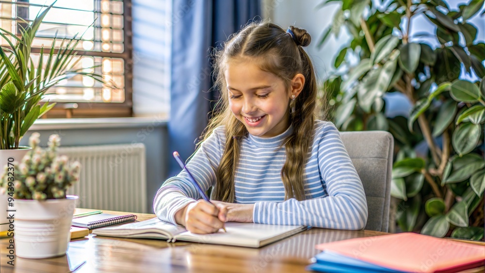 Wall mural  pretty happy schoolgirl is sitting at her desk