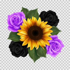 The floral composition with sunflower and roses. Beautiful festive bouquet for a holiday design. Summer gothic decor.