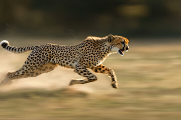 Obraz premium A cheetah sprints across the golden plains, showcasing its unmatched speed and grace as it hunts for its next meal.