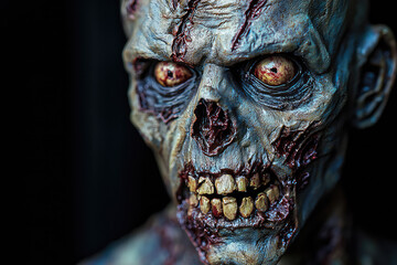 A chilling close-up of a decaying zombie face showcasing grotesque details and eerie eyes, evoking terror and fascination.