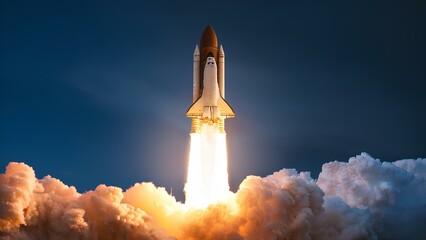 Concept: Launching a successful business, space exploration in the galaxy, science. Launching a rocket into space. Flight of the space shuttle.