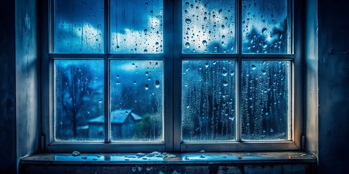 Melancholy Reverie: Somber, nostalgic, deep blues and grays, rain-streaked window