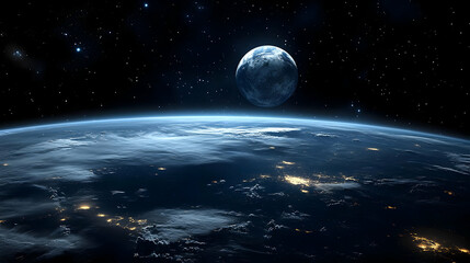 Stunning view of Earth and a bright moon in the dark vast space.