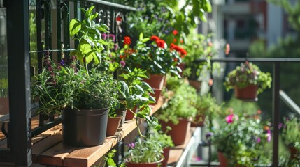 Serene Urban Oasis - Residential Balcony Abloom with Potted Plants and Herbs Creating a Cozy Private Garden Retreat