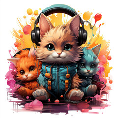 Three cute kittens with one wearing headphones, surrounded by colorful paint splatters.