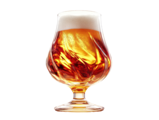 A close-up of a golden amber beer in an elegant glass, showcasing its frothy head and vibrant colors.